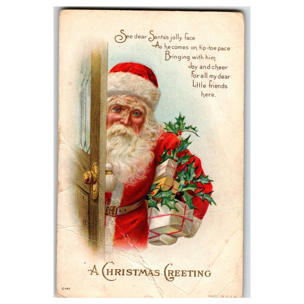 1915 Santa Claus Christmas Greeting Postcard Embossed Holly Gifts